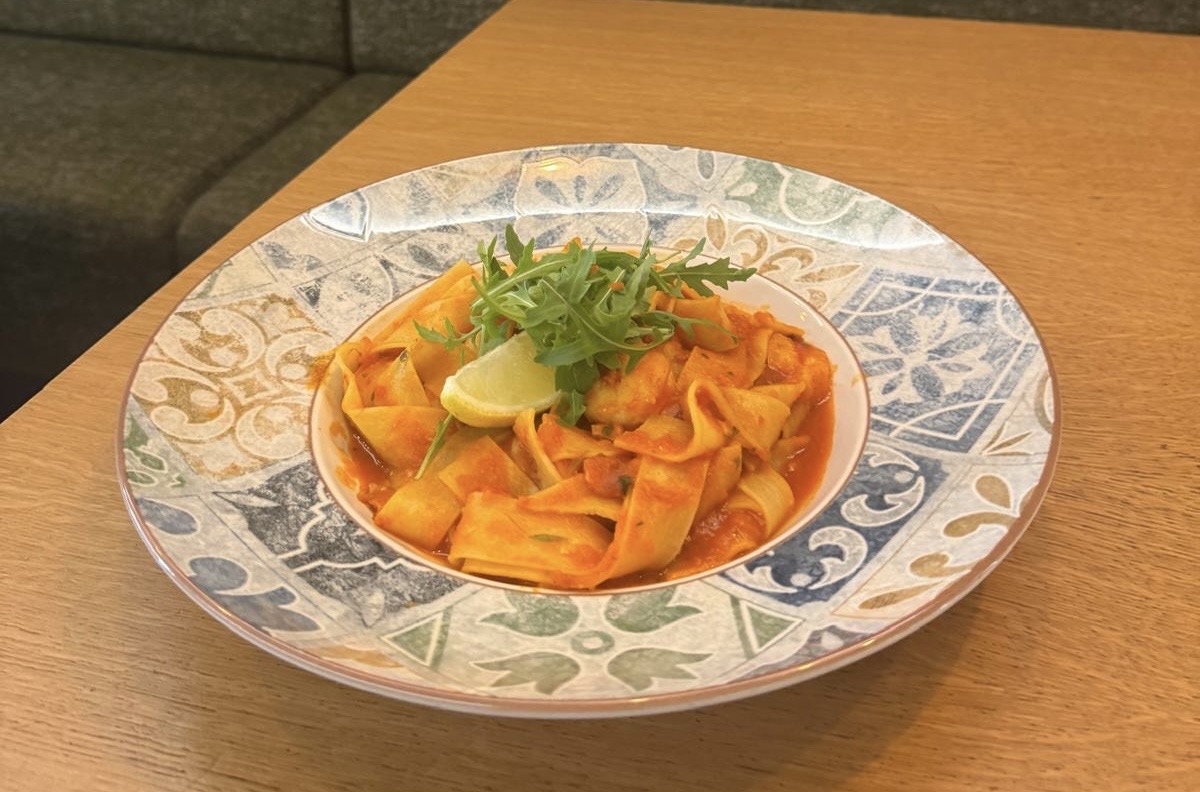 Pappardelle con gamberi, pancetta all arrabbiata